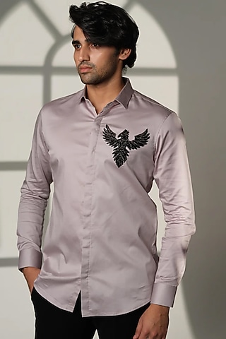 Grey Stretchable Cotton Hand Embroidered Shirt by SANJANA REDDY MEN
