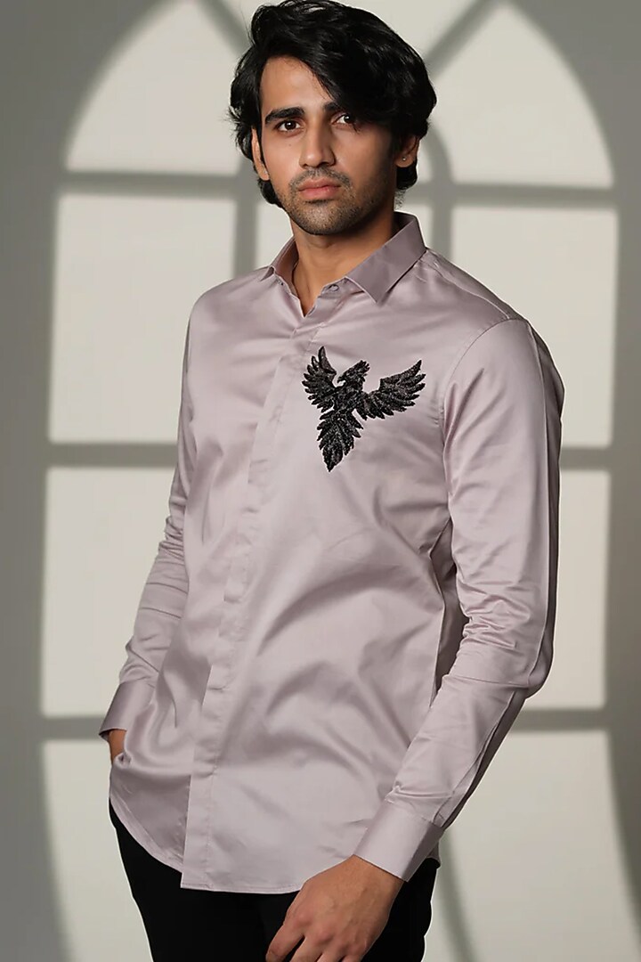 Grey Stretchable Cotton Hand Embroidered Party Wear Shirt by SANJANA REDDY MEN at Pernia's Pop Up Shop
