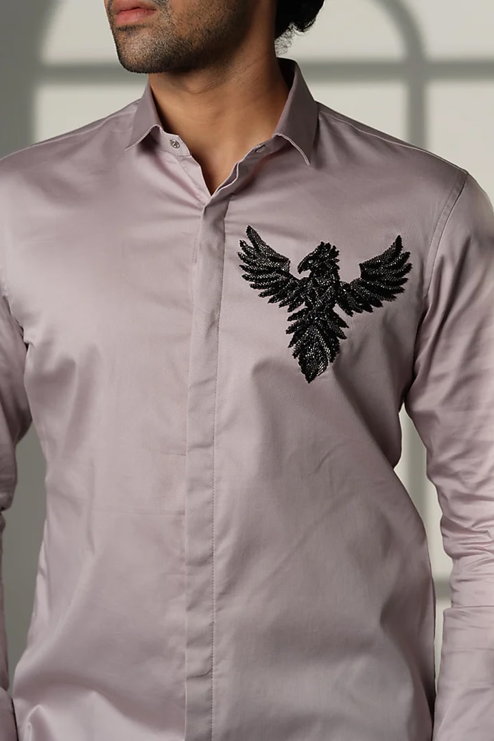 Grey Stretchable Cotton Hand Embroidered Party Wear Shirt by SANJANA REDDY MEN at Pernia's Pop Up Shop