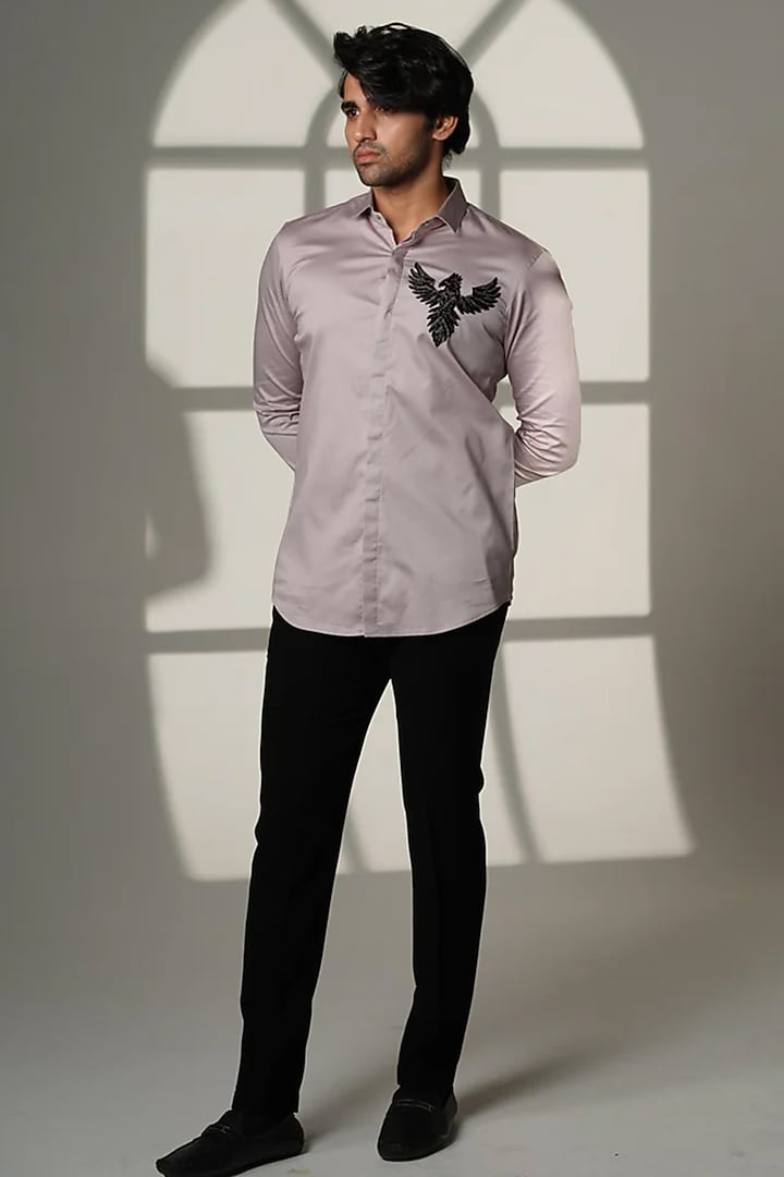 Grey Stretchable Cotton Hand Embroidered Party Wear Shirt by SANJANA REDDY MEN at Pernia's Pop Up Shop