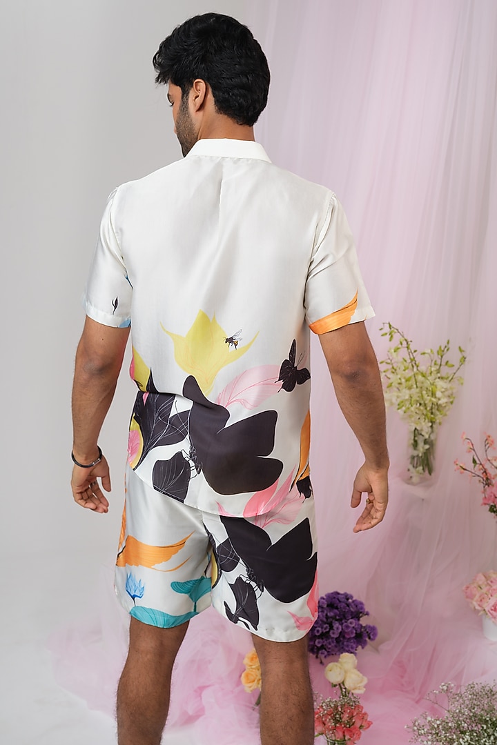 White Satin Silk Wildflower Printed Shorts by SANJANA REDDY MEN at Pernia's Pop Up Shop