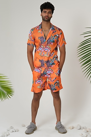 Orange Satin Silk Printed Co-Ord Set by SANJANA REDDY MEN