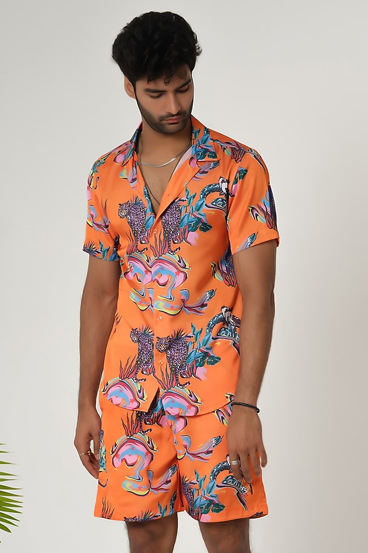 Orange Satin Silk Printed Co-Ord Set by SANJANA REDDY MEN at Pernia's Pop Up Shop