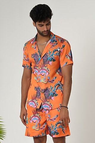 Orange Satin Silk Printed Shirt by SANJANA REDDY MEN