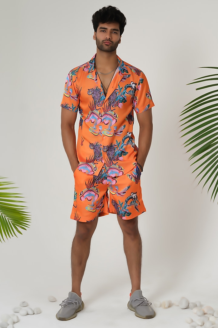 Orange Satin Silk Printed Party Wear Shirt by SANJANA REDDY MEN at Pernia's Pop Up Shop