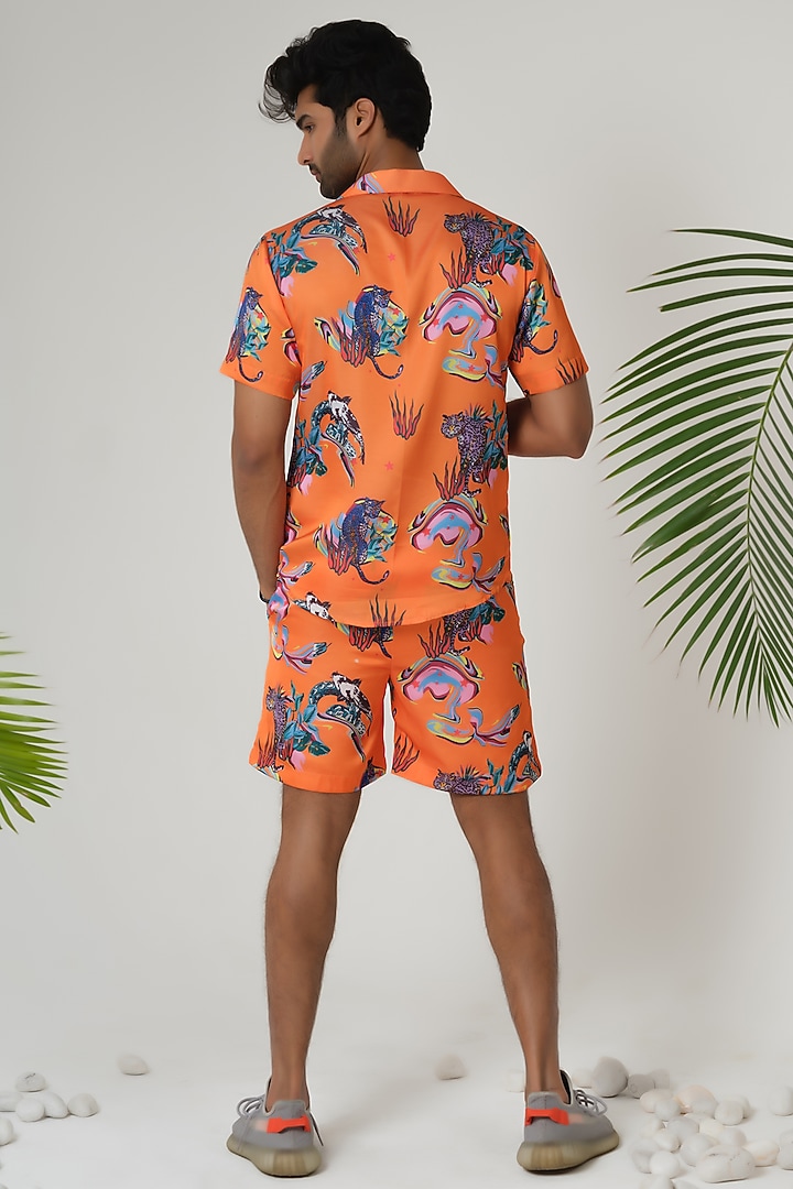 Orange Satin Silk Printed Shorts by SANJANA REDDY MEN at Pernia's Pop Up Shop
