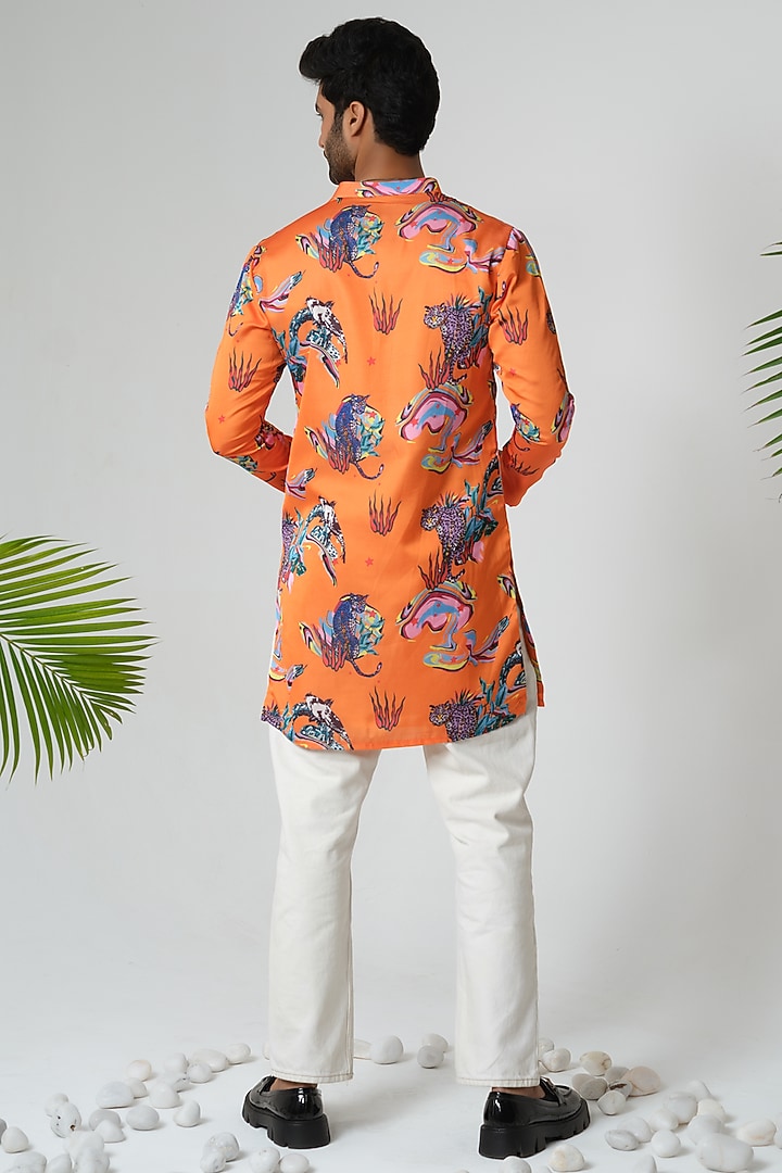 Orange Satin Silk Printed Kurta by SANJANA REDDY MEN at Pernia's Pop Up Shop