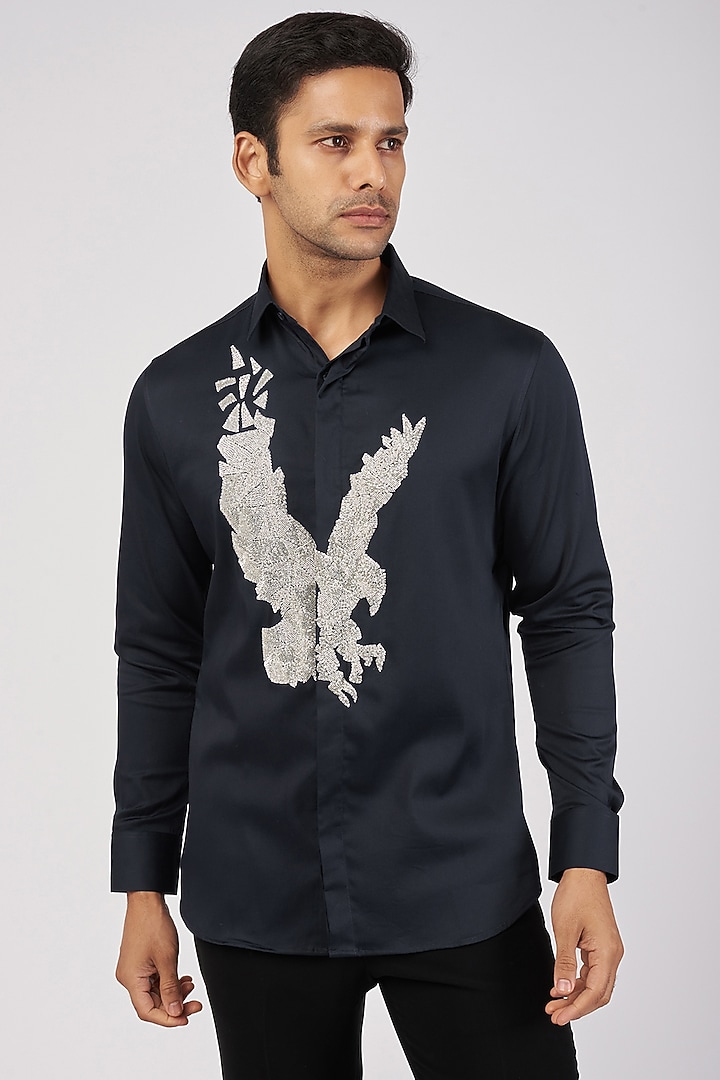 Navy Blue Stretchable Cotton Hand Embroidered Party Wear Shirt by SANJANA REDDY MEN at Pernia's Pop Up Shop
