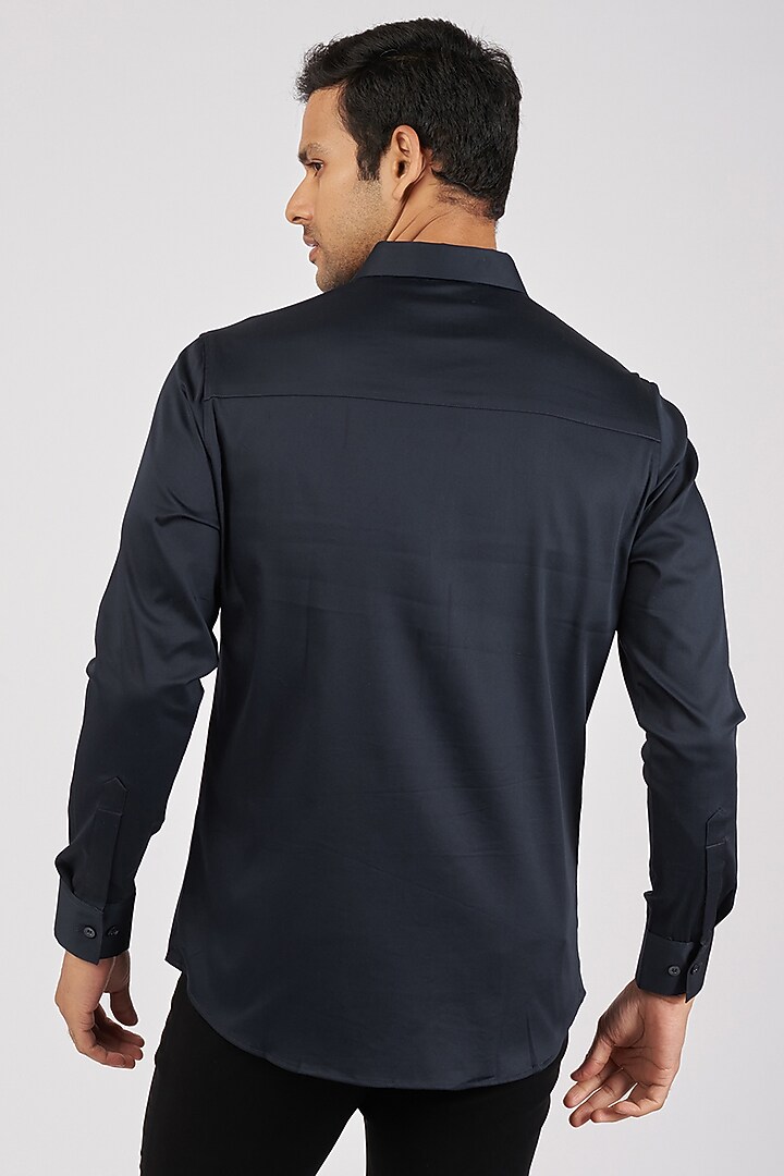 Navy Blue Stretchable Cotton Hand Embroidered Party Wear Shirt by SANJANA REDDY MEN at Pernia's Pop Up Shop