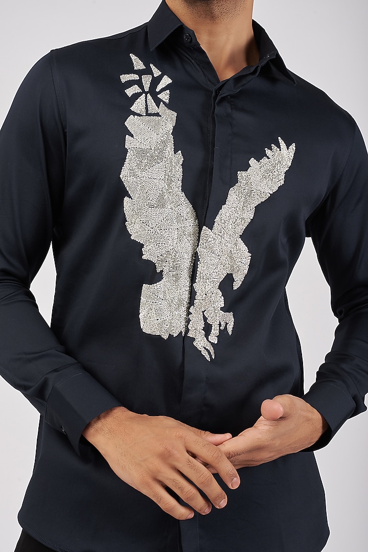 Navy Blue Stretchable Cotton Hand Embroidered Party Wear Shirt by SANJANA REDDY MEN at Pernia's Pop Up Shop