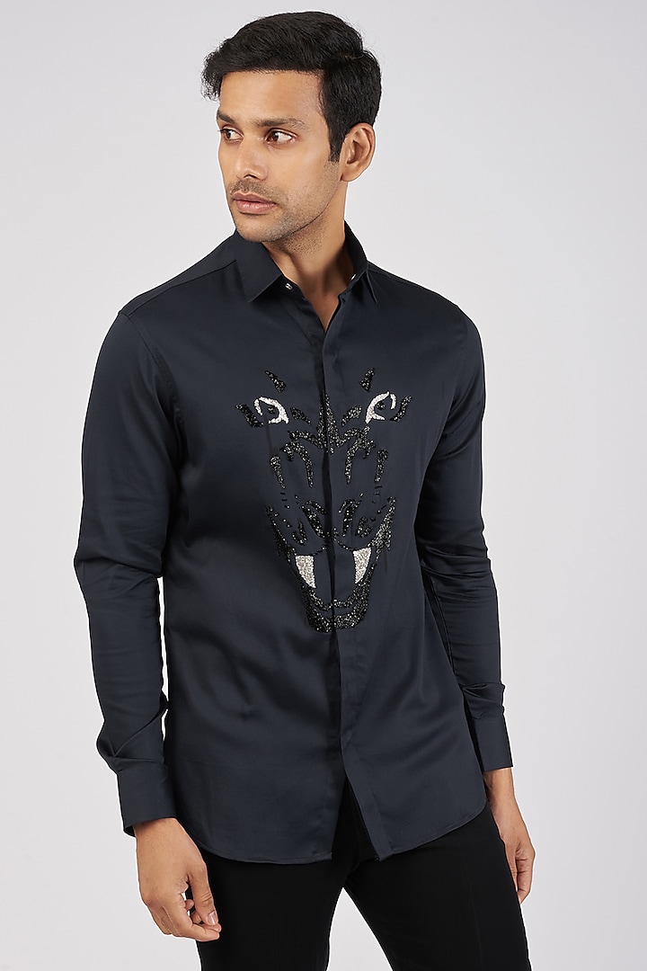 Navy Blue Stretchable Cotton Hand Embroidered Shirt by SANJANA REDDY MEN