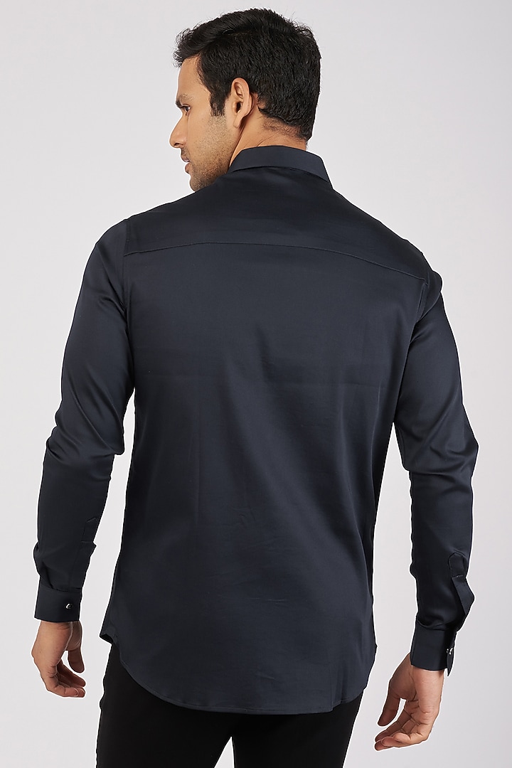 Navy Blue Stretchable Cotton Hand Embroidered Party Wear Shirt by SANJANA REDDY MEN at Pernia's Pop Up Shop