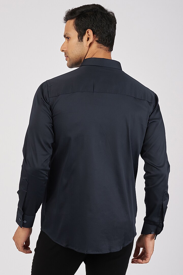 Navy Blue Stretchable Cotton Hand Embroidered Party Wear Shirt by SANJANA REDDY MEN at Pernia's Pop Up Shop