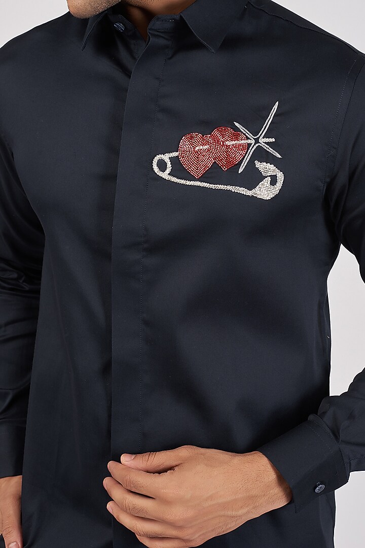 Navy Blue Stretchable Cotton Hand Embroidered Party Wear Shirt by SANJANA REDDY MEN at Pernia's Pop Up Shop