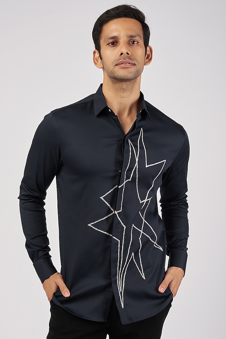Navy Blue Stretchable Cotton Hand Embroidered Shirt by SANJANA REDDY MEN