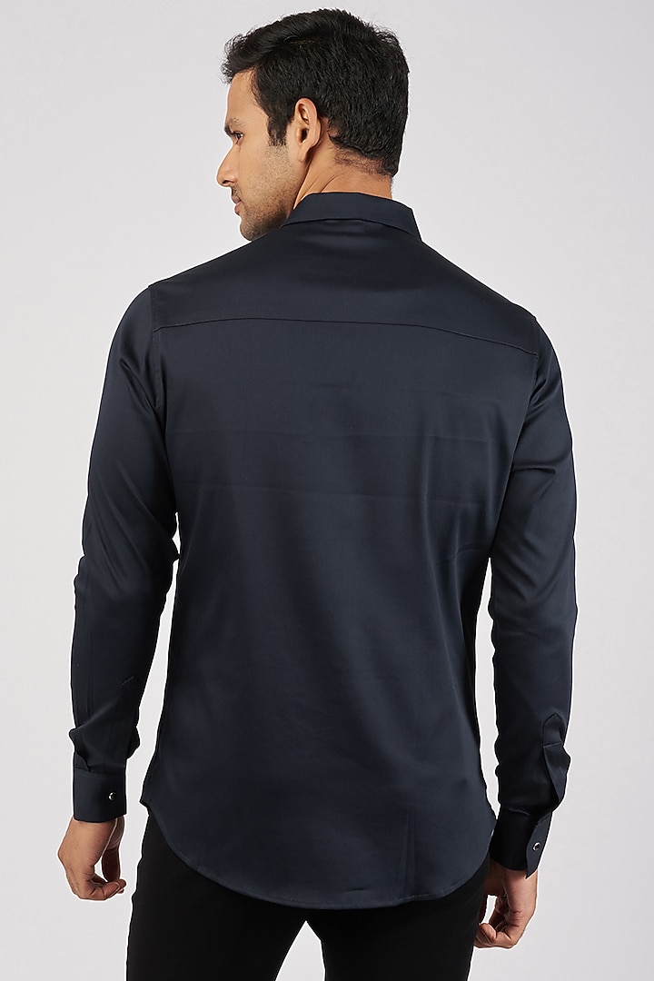 Navy Blue Stretchable Cotton Hand Embroidered Party Wear Shirt by SANJANA REDDY MEN at Pernia's Pop Up Shop