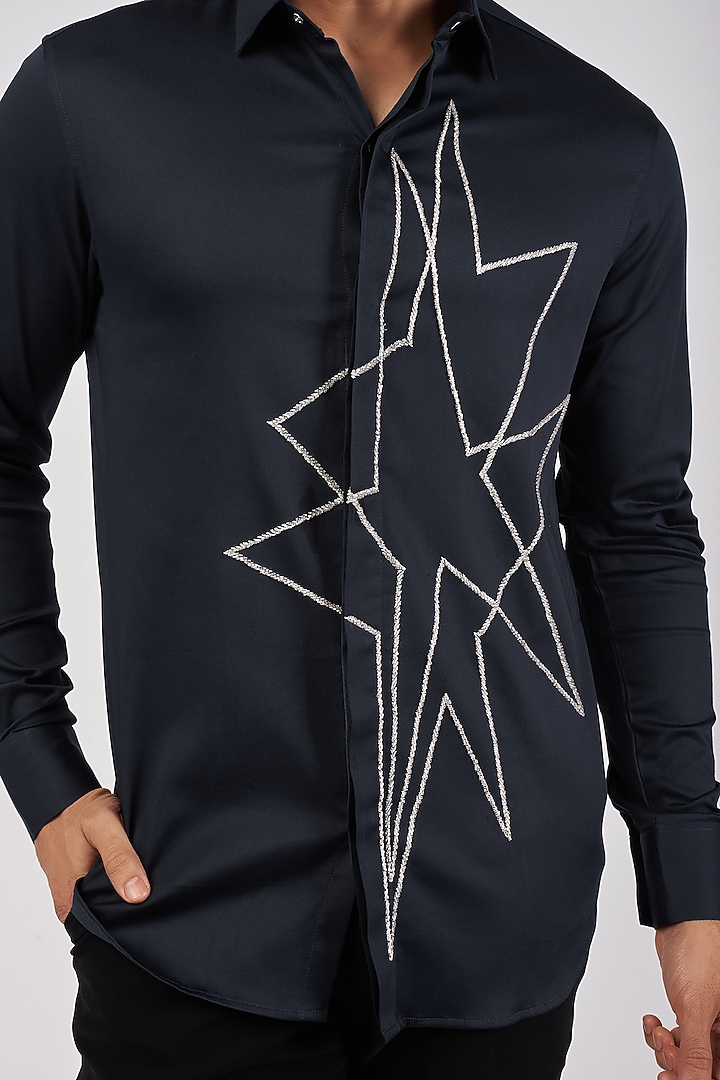 Navy Blue Stretchable Cotton Hand Embroidered Party Wear Shirt by SANJANA REDDY MEN at Pernia's Pop Up Shop