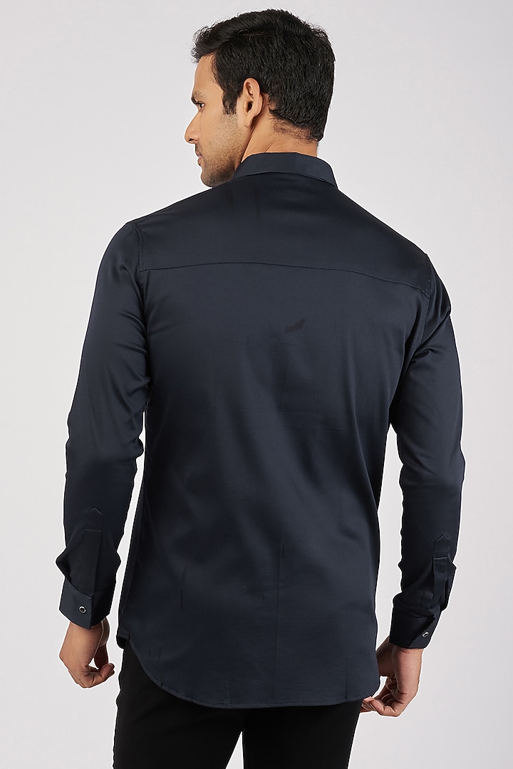 Navy Blue Stretchable Cotton Hand Embroidered Party Wear Shirt by SANJANA REDDY MEN at Pernia's Pop Up Shop
