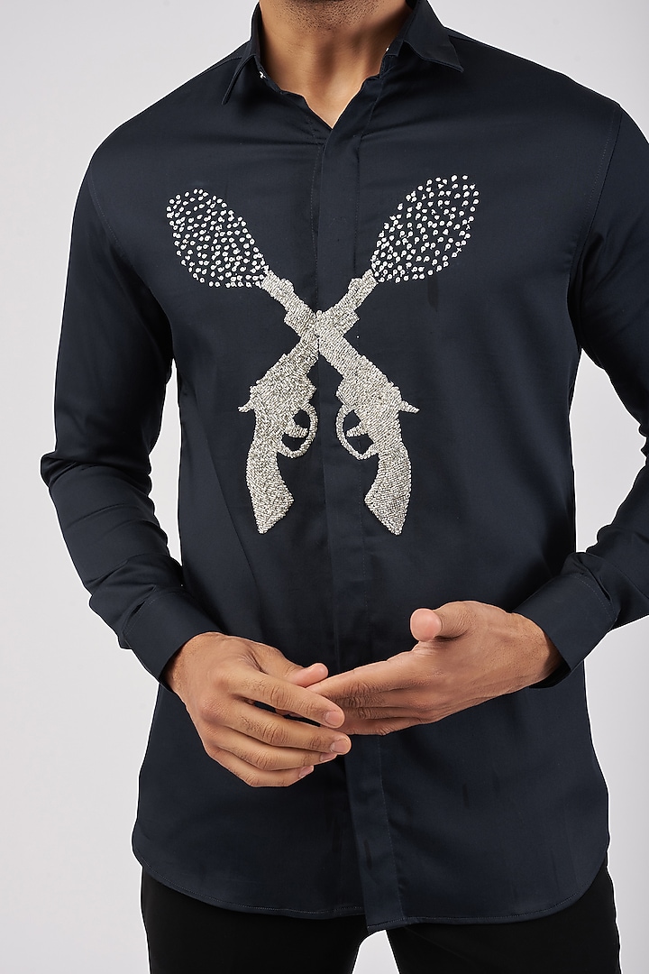 Navy Blue Stretchable Cotton Hand Embroidered Party Wear Shirt by SANJANA REDDY MEN at Pernia's Pop Up Shop
