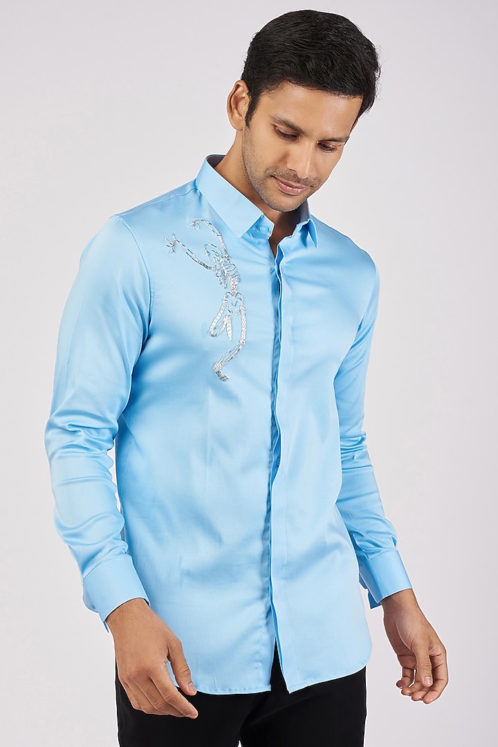 Light Blue Stretchable Cotton Hand Embroidered Party Wear Shirt by SANJANA REDDY MEN at Pernia's Pop Up Shop