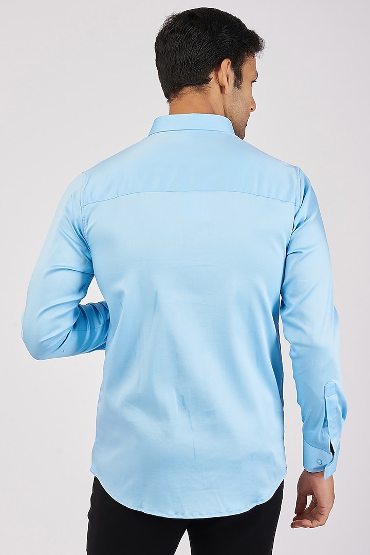 Light Blue Stretchable Cotton Hand Embroidered Party Wear Shirt by SANJANA REDDY MEN at Pernia's Pop Up Shop