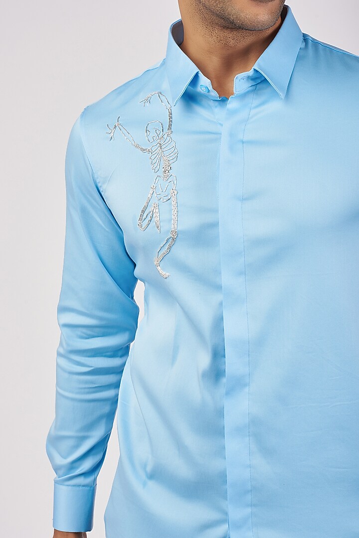 Light Blue Stretchable Cotton Hand Embroidered Party Wear Shirt by SANJANA REDDY MEN at Pernia's Pop Up Shop