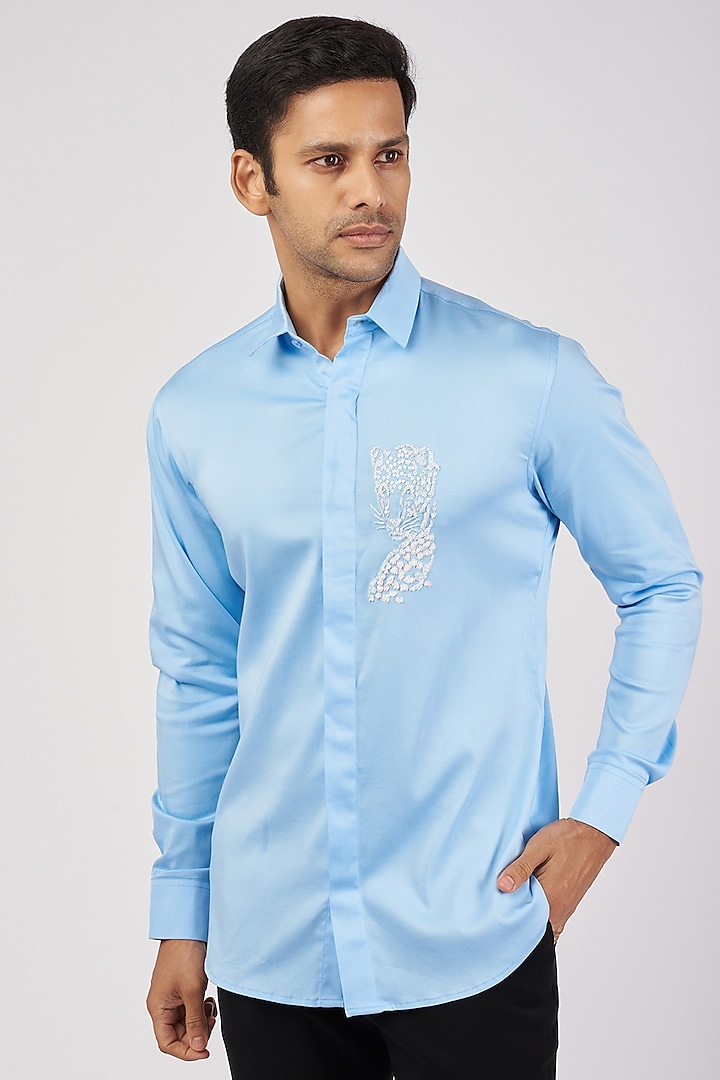 Light Blue Stretchable Cotton Hand Embroidered Shirt by SANJANA REDDY MEN