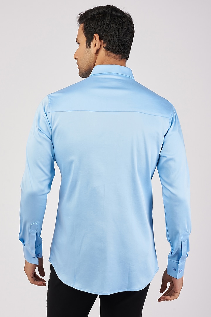 Light Blue Stretchable Cotton Hand Embroidered Party Wear Shirt by SANJANA REDDY MEN at Pernia's Pop Up Shop