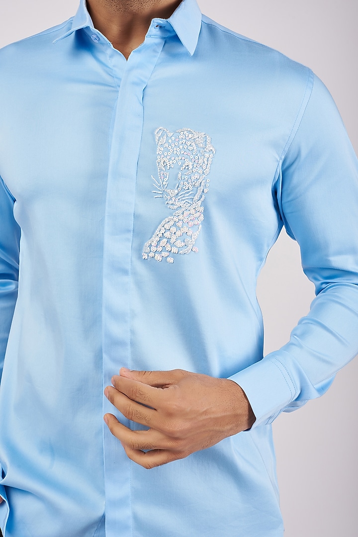 Light Blue Stretchable Cotton Hand Embroidered Party Wear Shirt by SANJANA REDDY MEN at Pernia's Pop Up Shop