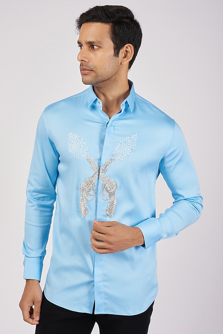 Light Blue Stretchable Cotton Hand Embroidered Party Wear Shirt by SANJANA REDDY MEN at Pernia's Pop Up Shop