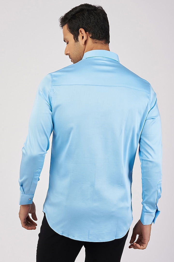 Light Blue Stretchable Cotton Hand Embroidered Party Wear Shirt by SANJANA REDDY MEN at Pernia's Pop Up Shop