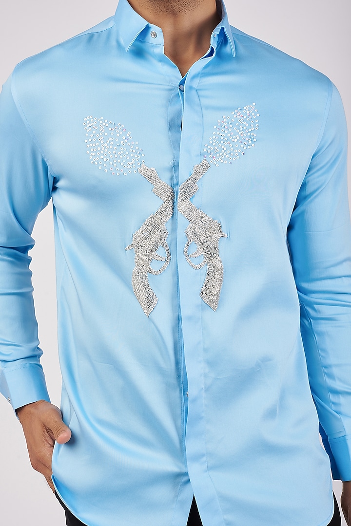 Light Blue Stretchable Cotton Hand Embroidered Party Wear Shirt by SANJANA REDDY MEN at Pernia's Pop Up Shop