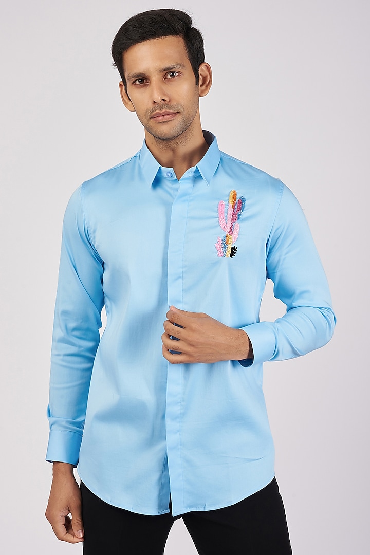 Light Blue Stretchable Cotton Hand Embroidered Party Wear Shirt by SANJANA REDDY MEN at Pernia's Pop Up Shop