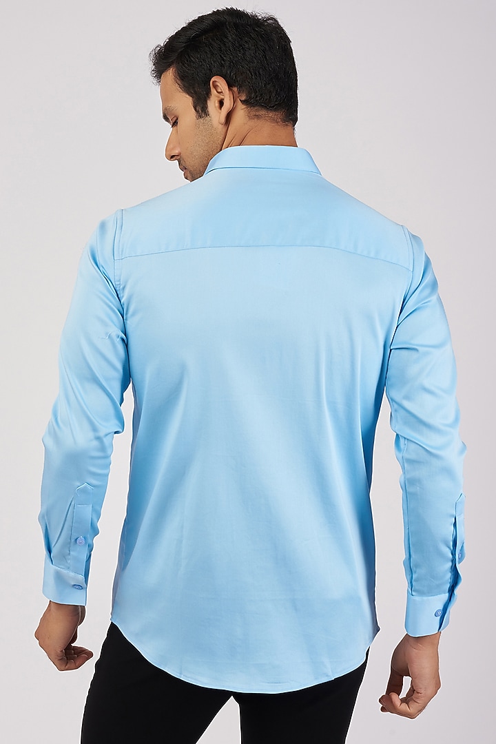 Light Blue Stretchable Cotton Hand Embroidered Party Wear Shirt by SANJANA REDDY MEN at Pernia's Pop Up Shop