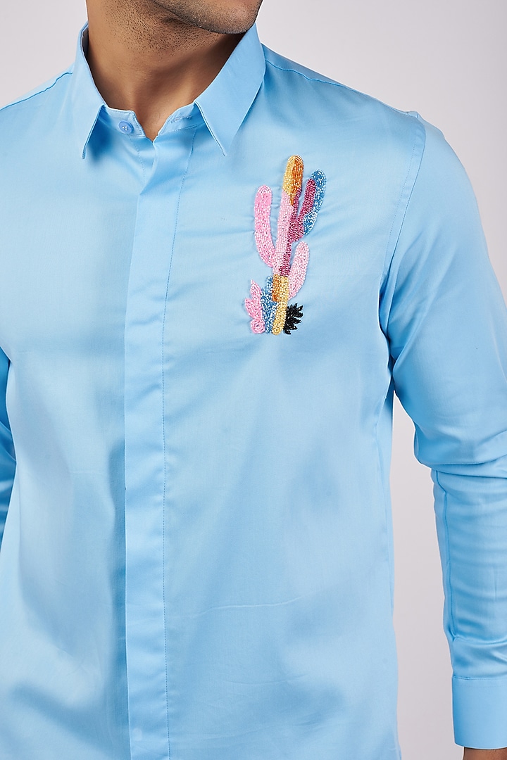 Light Blue Stretchable Cotton Hand Embroidered Party Wear Shirt by SANJANA REDDY MEN at Pernia's Pop Up Shop