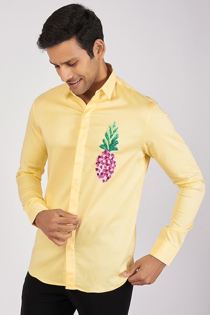 Yellow Stretchable Cotton Hand Embroidered Shirt by SANJANA REDDY MEN
