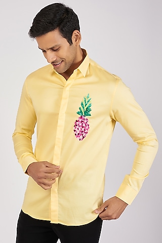 Yellow Stretchable Cotton Hand Embroidered Shirt by SANJANA REDDY MEN