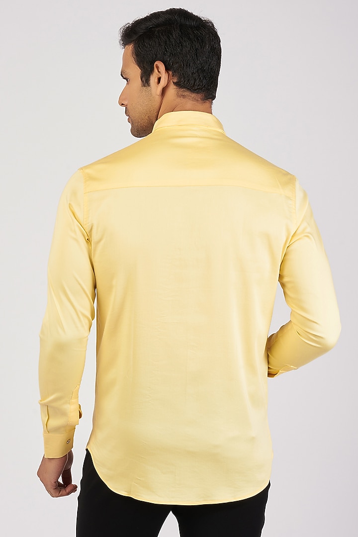Yellow Stretchable Cotton Hand Embroidered Party Wear Shirt by SANJANA REDDY MEN at Pernia's Pop Up Shop