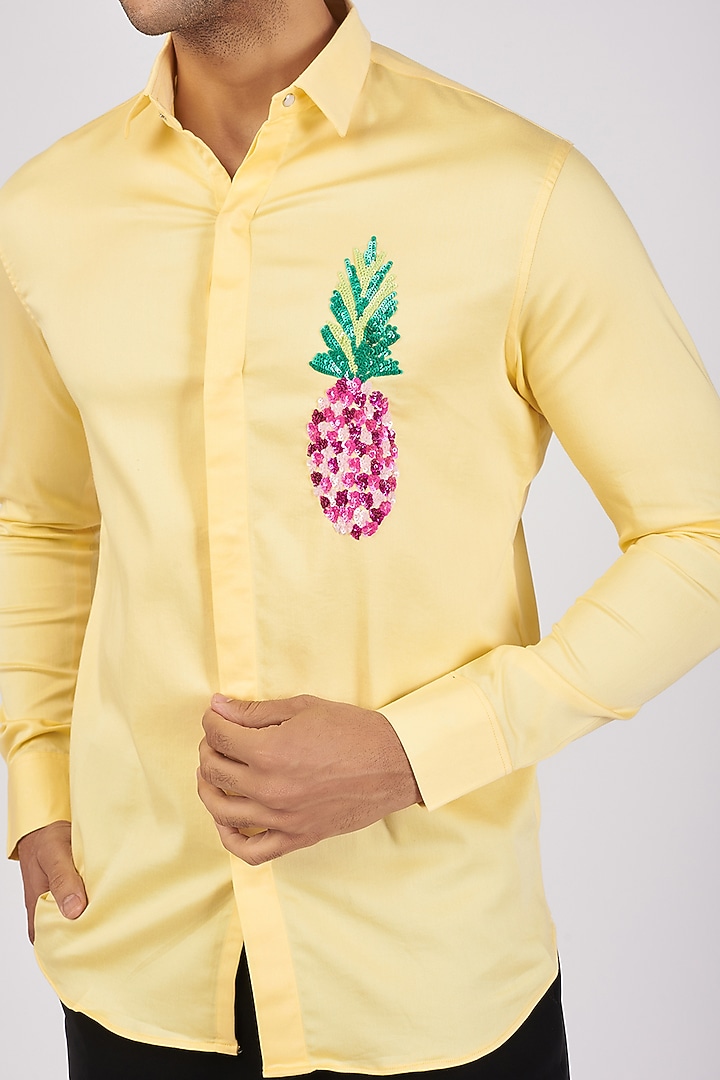 Yellow Stretchable Cotton Hand Embroidered Party Wear Shirt by SANJANA REDDY MEN at Pernia's Pop Up Shop