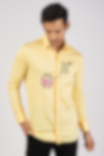 Yellow Stretchable Cotton Hand Embroidered Party Wear Shirt by SANJANA REDDY MEN at Pernia's Pop Up Shop