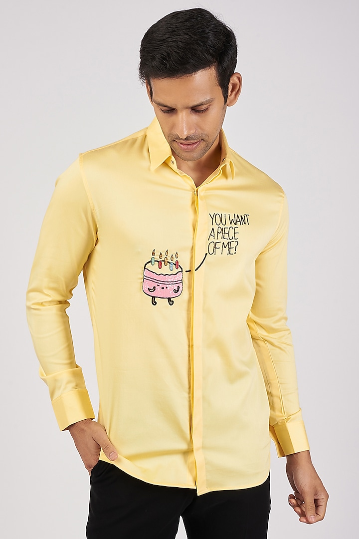 Yellow Stretchable Cotton Hand Embroidered Shirt by SANJANA REDDY MEN