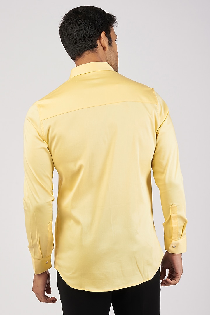 Yellow Stretchable Cotton Hand Embroidered Party Wear Shirt by SANJANA REDDY MEN at Pernia's Pop Up Shop
