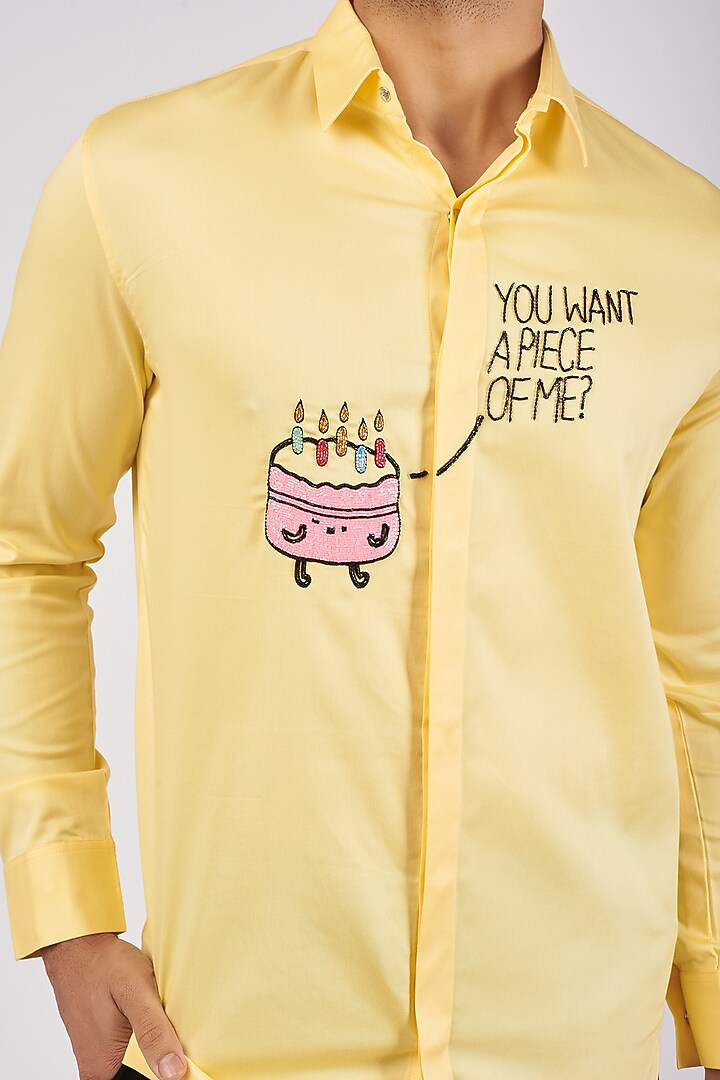 Yellow Stretchable Cotton Hand Embroidered Party Wear Shirt by SANJANA REDDY MEN at Pernia's Pop Up Shop