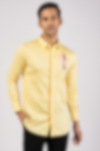 Yellow Stretchable Cotton Hand Embroidered Party Wear Shirt by SANJANA REDDY MEN at Pernia's Pop Up Shop