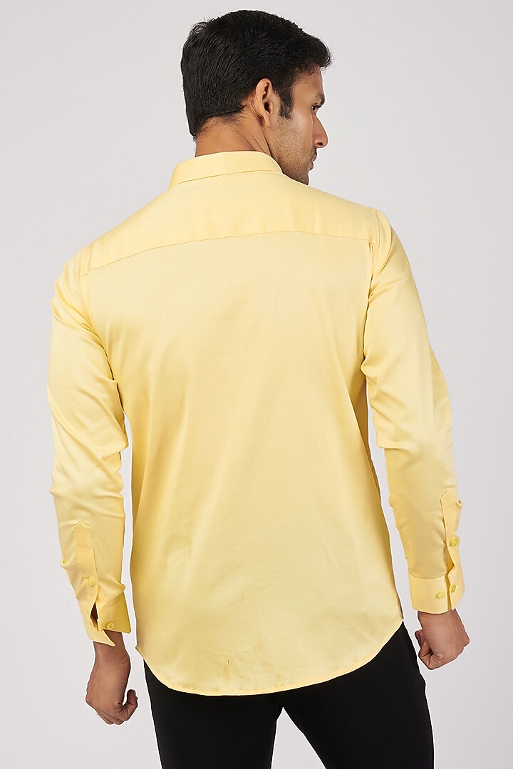 Yellow Stretchable Cotton Hand Embroidered Party Wear Shirt by SANJANA REDDY MEN at Pernia's Pop Up Shop