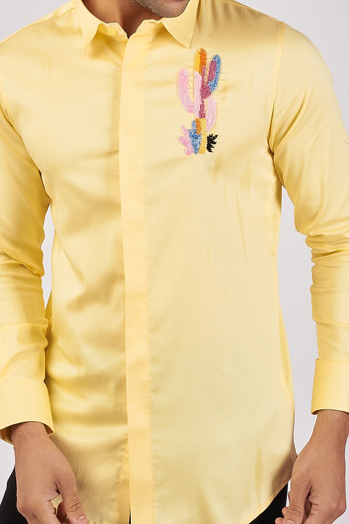 Yellow Stretchable Cotton Hand Embroidered Party Wear Shirt by SANJANA REDDY MEN at Pernia's Pop Up Shop