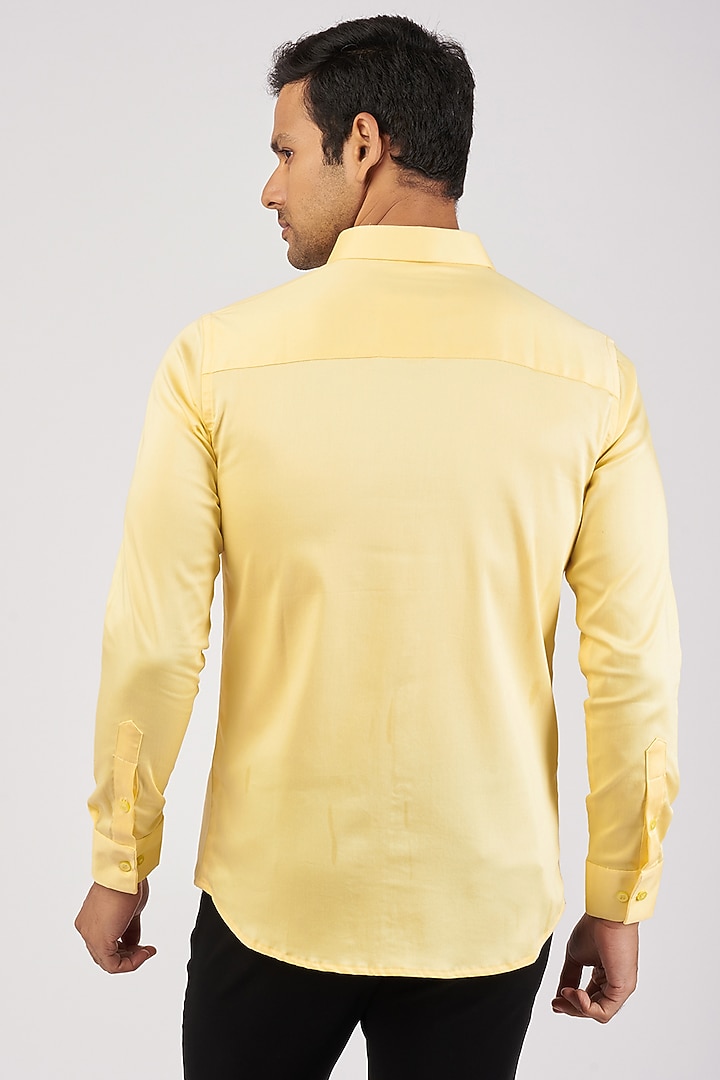 Yellow Stretchable Cotton Hand Embroidered Party Wear Shirt by SANJANA REDDY MEN at Pernia's Pop Up Shop