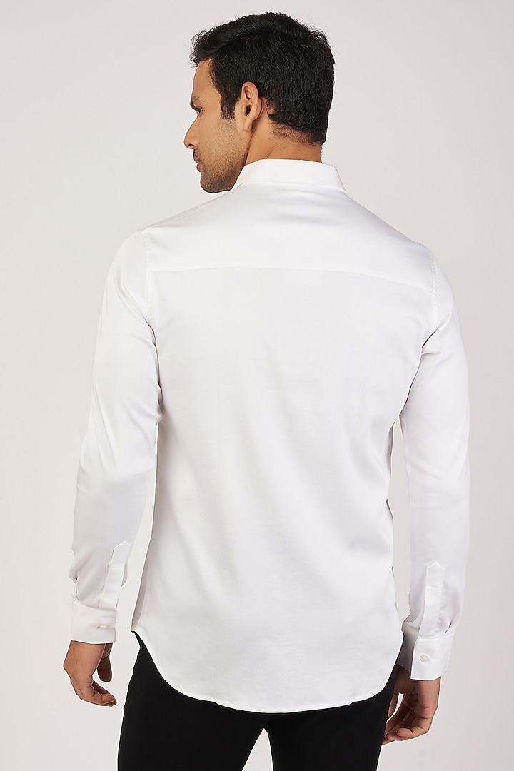 White Stretchable Cotton Hand Embroidered Party Wear Shirt by SANJANA REDDY MEN at Pernia's Pop Up Shop