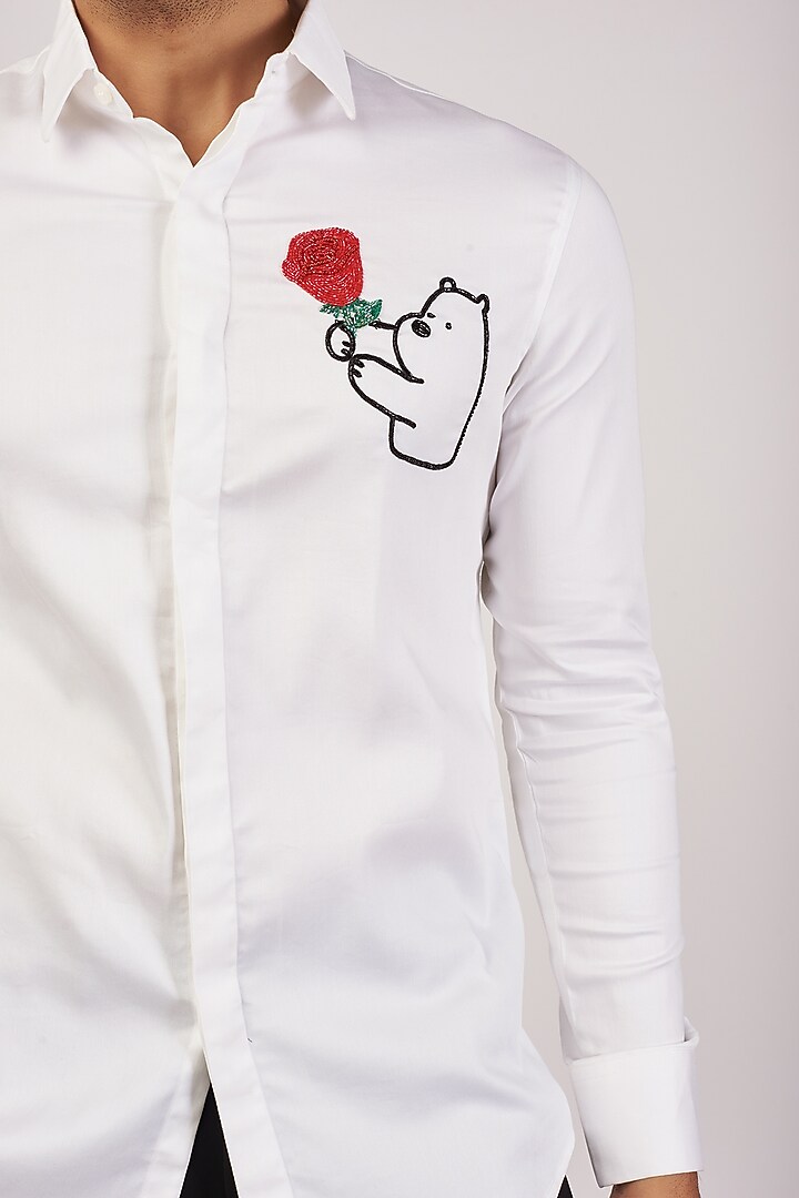 White Stretchable Cotton Hand Embroidered Party Wear Shirt by SANJANA REDDY MEN at Pernia's Pop Up Shop