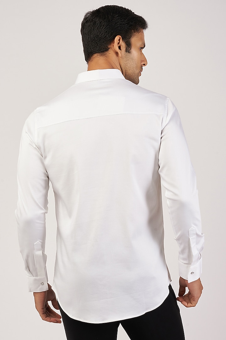 White Stretchable Cotton Hand Embroidered Party Wear Shirt by SANJANA REDDY MEN at Pernia's Pop Up Shop